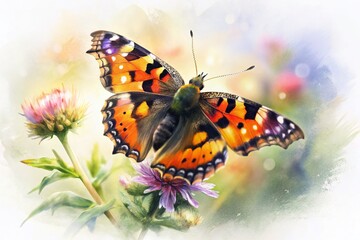 Small Tortoiseshell Butterfly in Cottage Garden, Bokeh, White Background