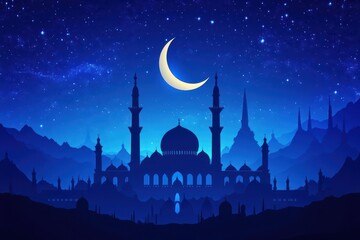 Crescent moon over mosque silhouette at night, starry sky, mountains