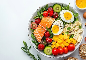 Healthy foods in plate, white background