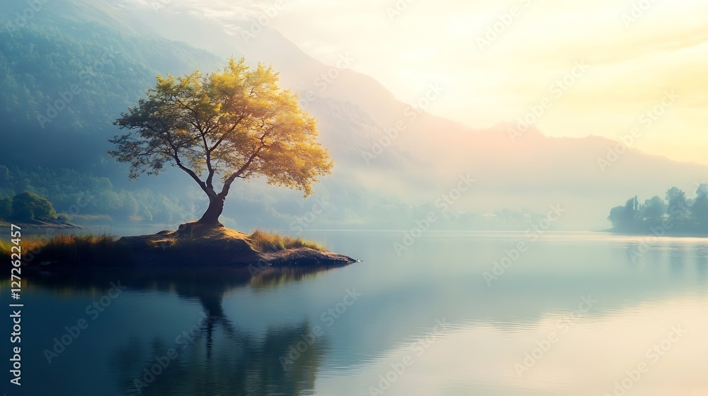 Poster serene landscape of a lone tree by a tranquil lake surrounded by mountain rays at sunrise : generati