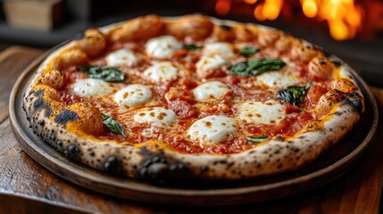 Wood-fired Margherita pizza, rustic setting, fire background, menu