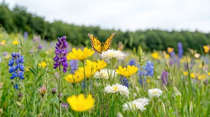 Fototapeta premium Yellow butterfly resting on a white wildflower in a vibrant summer meadow filled with colorful lupines and daisies.
