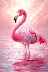 Pink flamingo is standing in a body of water. The water is pink and the sky is pink as well. The flamingo is the main focus of the image and it is enjoying the water