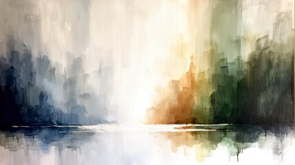 Serene Cityscape  Abstract Painting  Tranquil Ocean  Sunrise  Colorful Landscape Art
