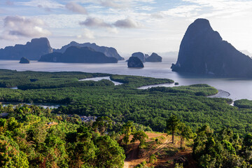 High angle nature background from a beautiful viewpoint of the mountain in the middle of the sea in...
