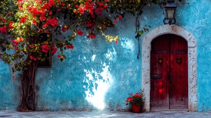 Red Door  Blue Wall  Blooming Bougainvillea  Mediterranean Charm