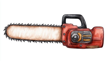 Naklejka premium Rusty Red Chainsaw Watercolor Illustration On White