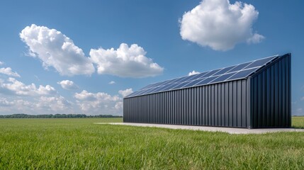 Obraz premium Modern solar-powered building in a field under a blue sky. Possible use for sustainable living