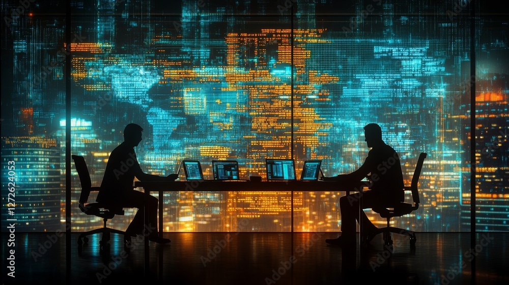 Poster global network: two silhouetted figures working late in a modern office with a futuristic cityscape 