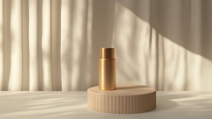 Golden cosmetic bottle on a beige wooden podium, soft lighting, elegant display.