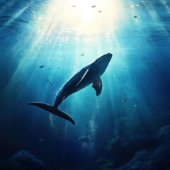 Majestic humpback whale swimming in the deep blue ocean with sunlight filtering through the water.