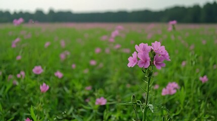 Obraz premium Vibrant field of pink wildflowers swaying gently in the breeze under a soft sky