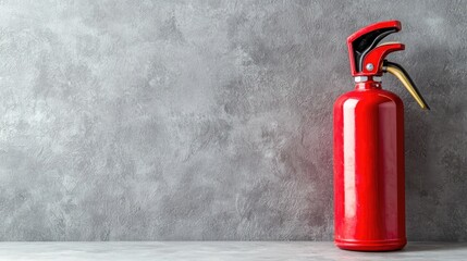 Fototapeta premium Red fire extinguisher standing against a textured grey concrete wall.
