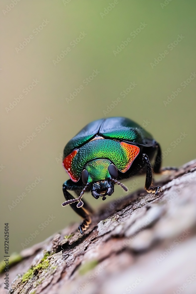 Poster close-up of a vibrant green and red beetle resting on a tree bark showcasing its detailed features :