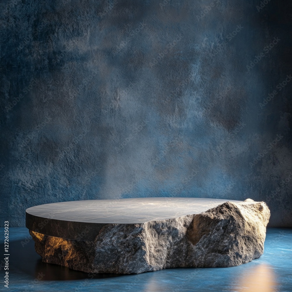 Poster a modern podium stand artistically showcases a variety of cosmetic products, illuminated by soft lig