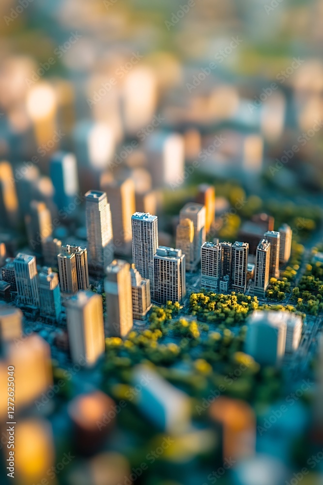 Poster close up aerial view of miniature city with tall buildings and green spaces captured in bright light