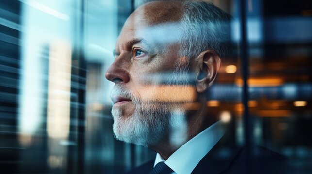 An elderly man in a business suit gazing thoughtfully out of a glass window in a modern office building.