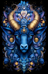 Fototapeta premium Blue and gold animal with a horn on its head. The horn is decorated with flowers and gold