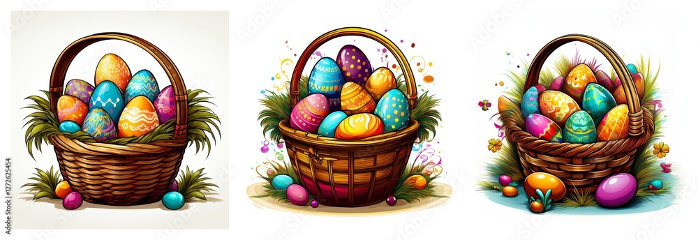 Poster Three wicker baskets are overflowing with vibrant, decorated Easter eggs in various colors and patterns against a plain white backdrop.