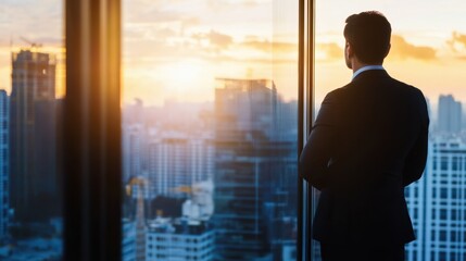 A businessman in a suit stands by a large window, gazing over a modern city skyline, representing ambition and success. 