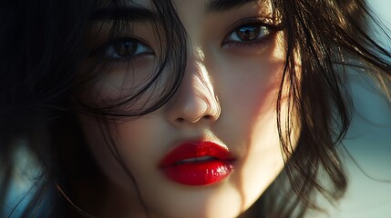 Fototapeta premium A close-up beauty shot of an Asian model with vibrant red lips, soft wind moving her hair, deep shadows and glowing highlights adding dimension, sophisticated and powerful,