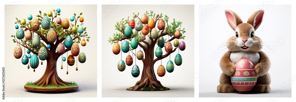 Poster three panels display trees with easter eggs and a bunny holding an egg, celebrating the spring holid