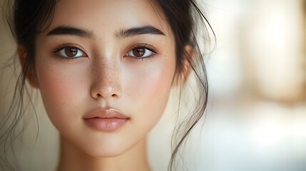 Naklejka premium A close-up of an Asian model with a smooth, flawless matte complexion, elegant beauty lighting softly illuminating her skin, blurred neutral background, modern luxury makeup branding, ultra-HD,