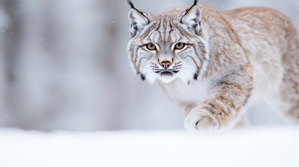 Fototapeta premium Eurasian lynx walks through the snow in a winter forest, looking directly forward.