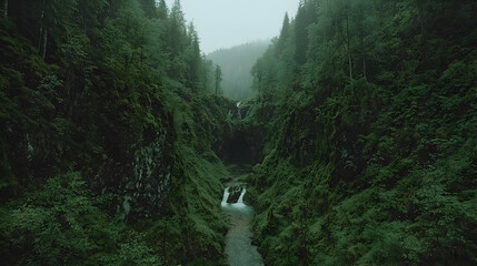 Misty mountain river gorge, lush greenery, waterfall, tranquil scene, nature travel