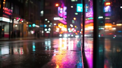 Colorful City Lights Reflected on Wet Pavement in a Dynamic Urban Night Scene : Generative AI