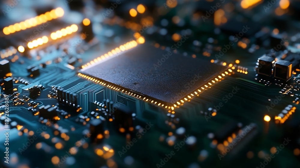 Poster high-tech microchip close-up illuminated with lights showcasing intricate details of modern technolo