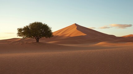 Serene Desert Landscape  Lone Tree  Sand Dunes  Golden Sunset