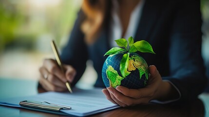 A close-up of a business executive signing a sustainability commitment document.