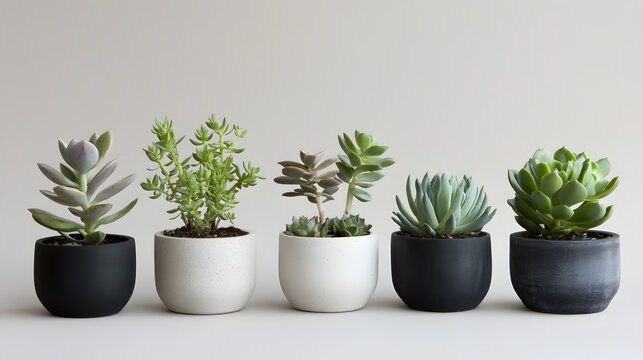 Succulent plants in modern black and white pots on a light background - Powered by Adobe