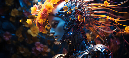 Science sun flowers humanoid cyborg in futuristic neon, ai generative