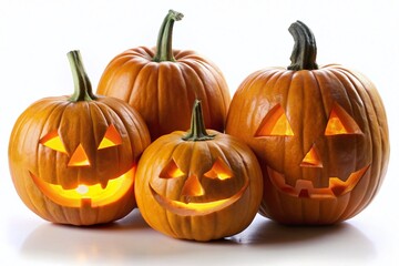 Spooky Halloween Pumpkins: A Set of Four Carved Pumpkins Isolated on White Background, Perfect for Autumn Holiday Designs