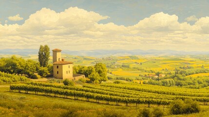 Obraz premium Tuscan Vineyard Landscape Rolling Hills Sun Drenched Grapes Country House