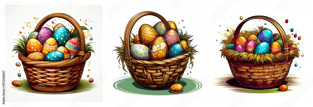 Poster three baskets brimming with colorful decorated easter eggs, each basket showing unique patterns and 