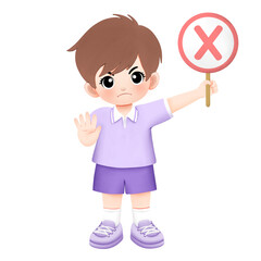 Kid carrying cross sign with stop or no hand gesture watercolor illustration