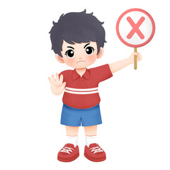 Kid carrying cross sign with stop or no hand gesture watercolor illustration