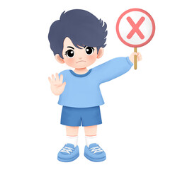 Kid carrying cross sign with stop or no hand gesture watercolor illustration