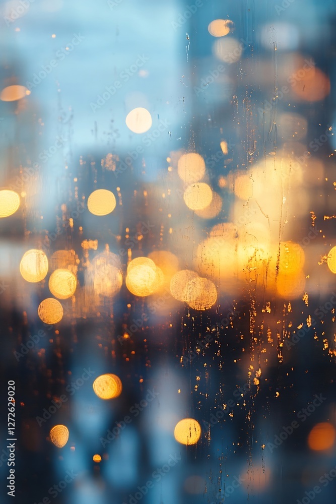 Poster raindrops on window with blurred urban bokeh lights creating a moody atmospheric scene : generative 