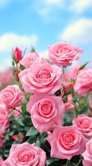 Vibrant pink roses blooming under a clear blue sky in a lush garden setting