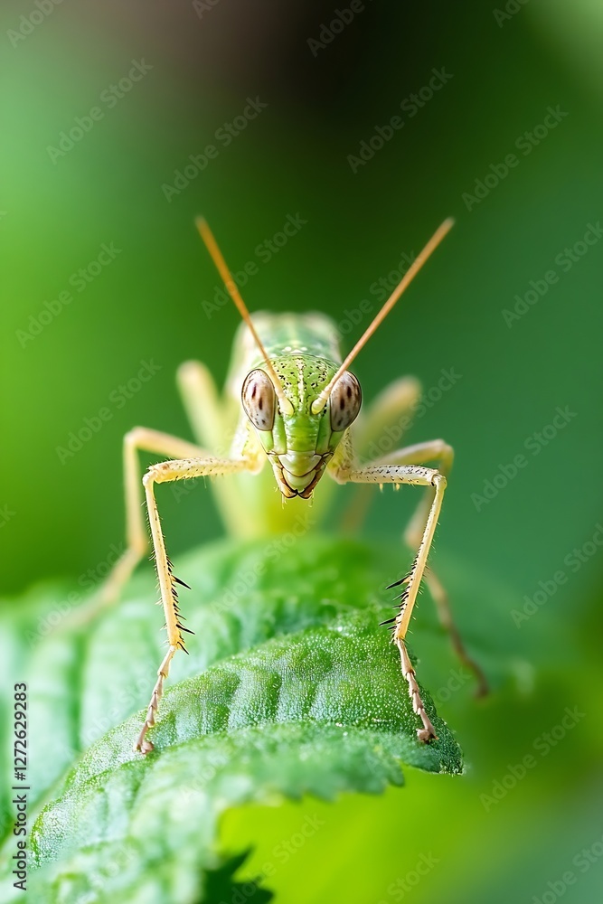 Aufkleber Close up of a green grasshopper perched on a leaf showcasing its intricate features and vibrant colors : Generative AI