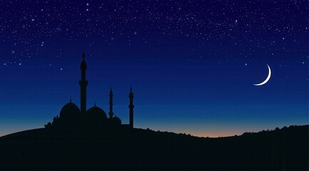 Silhouette Mosque at Night with Crescent Moon
