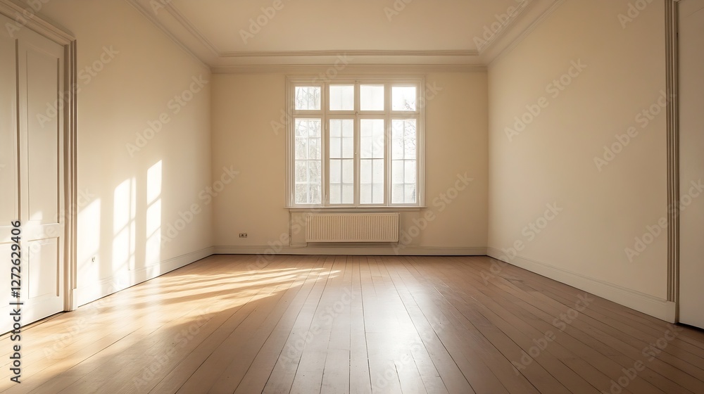 Poster bright and airy minimalist empty room with natural light streaming through windows : generative ai