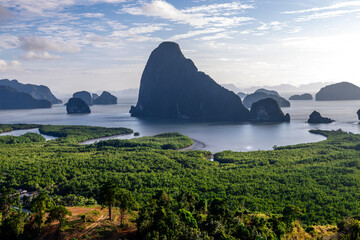High angle nature background from a beautiful viewpoint of the mountain in the middle of the sea in Phang Nga, Samet Nang Chee viewpoint.