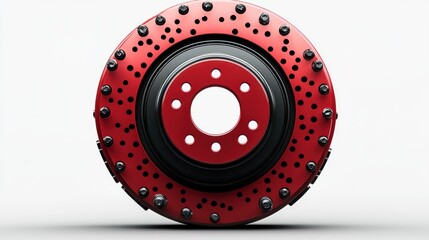 Red and black perforated brake rotor with mounting bolts isolated on white background.