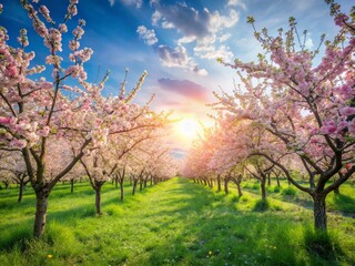 Fototapeta premium Springtime Apple Orchard Blossoms, Pink and White Petals, Sunlit Branches