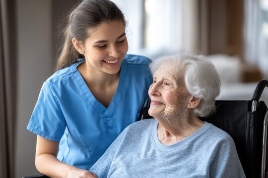 Compassionate care: nurse assisting senior citizen with vital support, practical service, promoting dignity, fostering comfort, elder aid, nurturing environment, healthcare provision.